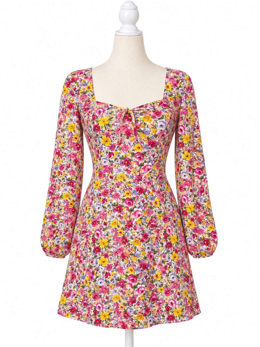 LOFT Pink & Yellow Floral Square-Neck Long Sleeve Mini Dress